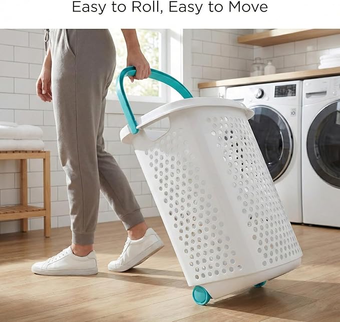 2 Bushel Rolling Laundry Hamper with Wheels & Retractable Handle, Large Capacity Plastic Laundry Basket on Wheels, Airy Hollow Design, White with Teal Accents, 15.47 x 20.11 x 25.00 Inches