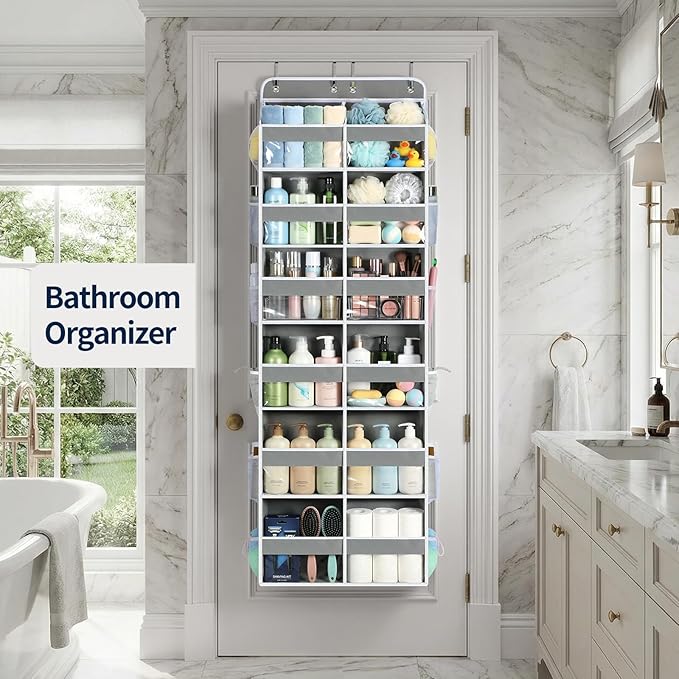 Yecaye Over The Door Organizer, 6 Tier Extra Large Behind Door Storage of 12 Compartments, 80lbs Heavy Duty Door Organizer Hanging with Clear Window for Closet Bedroom Pantry Bathroom, Grey
