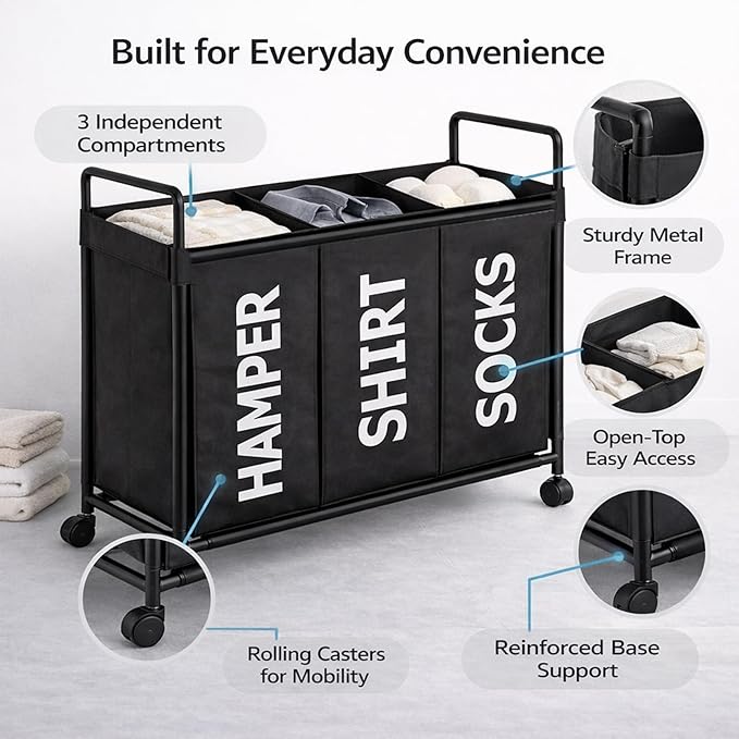 Rolling Laundry Hamper 3 Section with Wheels, Heavy Duty Metal Frame, Waterproof Polyester Fabric, Large Capacity Laundry Sorter for Easy Pre-Sorting and Effortless Transport