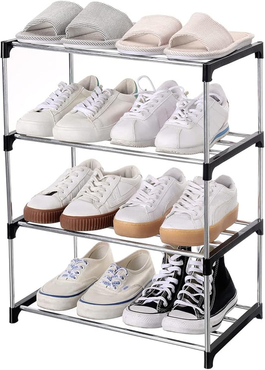 Jucaifu Stackable Small Shoe Rack, Entryway, Hallway and Closet Space Saving Storage and Organization (4-Tier, Black)
