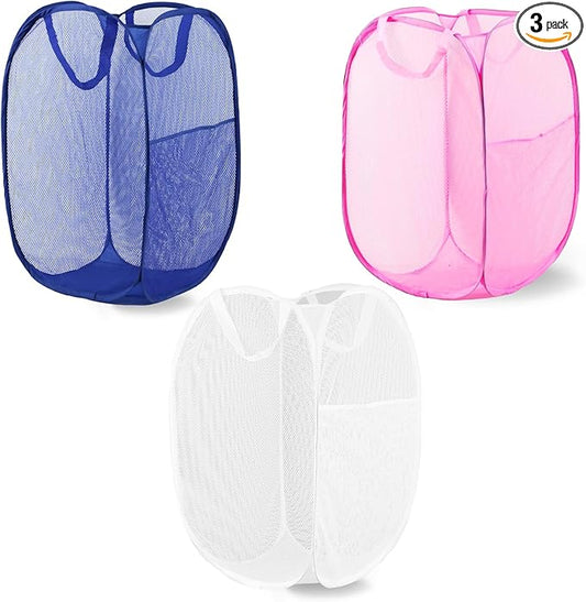 Pop Up Laundry Hamper, Mesh Laundry Basket Collapsible, Foldable Hamper for Travel and Storage, 3 Pack (White+Pink+Blue)