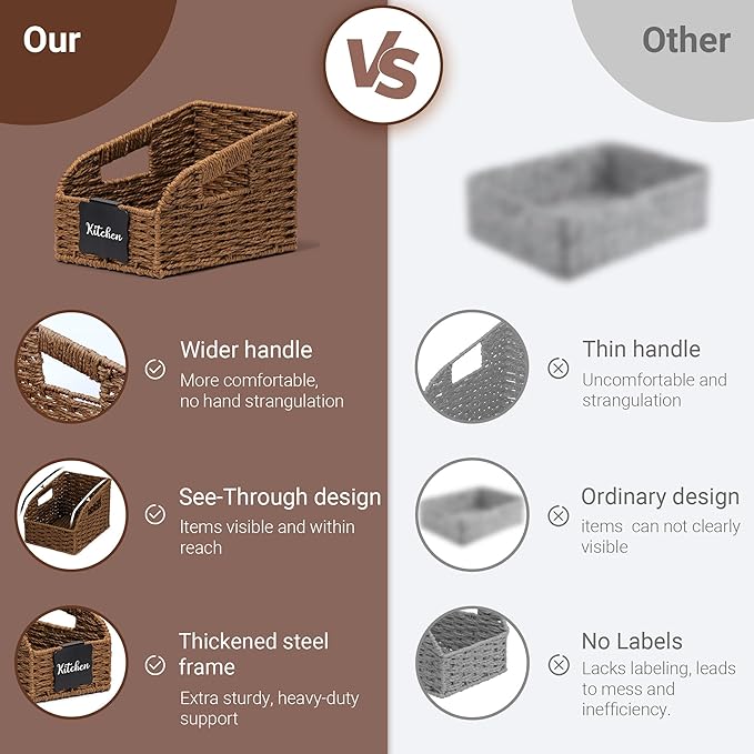 Pantry Organizers, Large Wicker Baskets for Shelves, Labeled Storage Baskets for Organizing with Handles - Paper Storage Bins for Shelves, 3 Pack, Brown