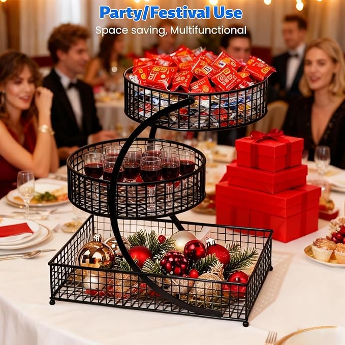 3-Tier Metal Multi-Functional Organizer Basket | Makeup, Skincare, Fruit & Spice Storage Rack | Countertop Vanity, Bathroom & Kitchen Organizer Holder | Stylish Black Wire Shelf (Black)