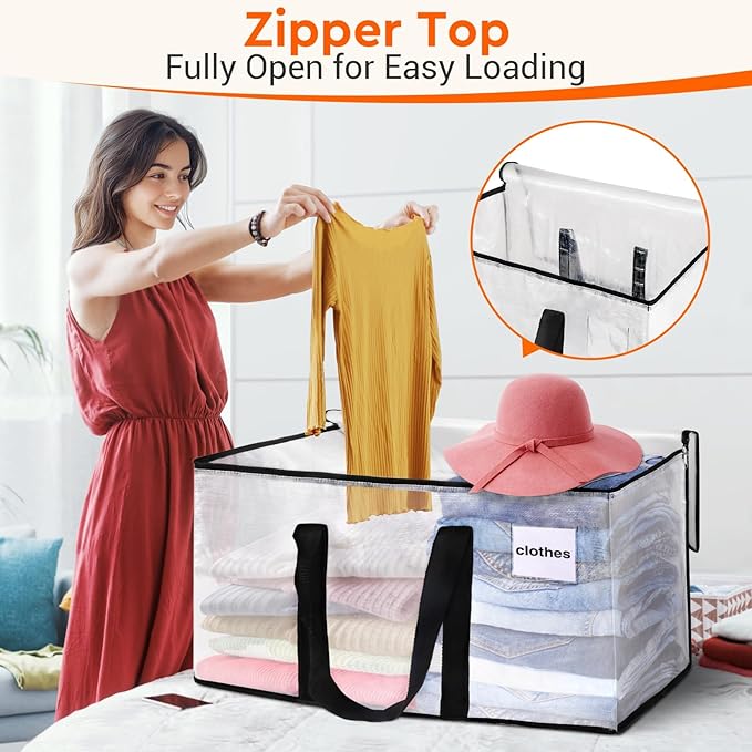 BlissTotes Clear Moving Bags Heavy Duty, 93L Extra Large Storage Bags with Zipper & Reinforced Handles, Waterproof PP Moving Totes for Clothes, Bedding, Comforters, Space Saving Storage (2 Pack)