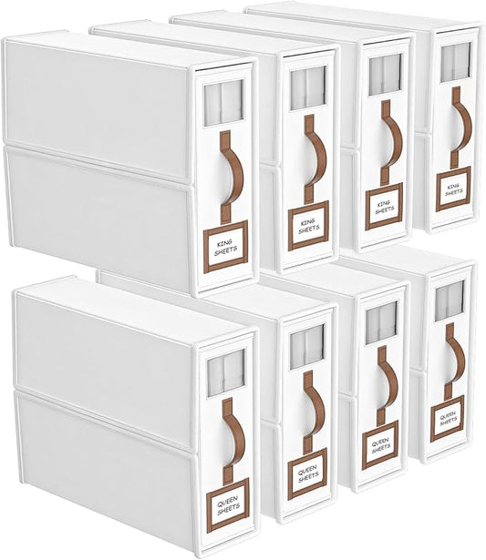 8 Pack Foldable Bed Sheets Set Organizers and Storage(King & Queen Size),Linen Fabric Closet Organizers with Window,Folding Bedding Storage Box for Bedsheets and Pillow Cube Organizer-White