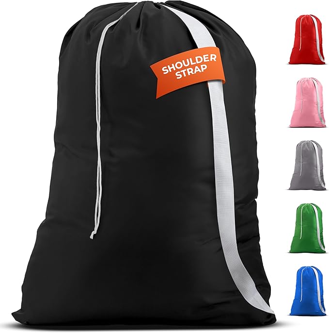 Handy Laundry Bag Shoulder Strap Extra Large - Drawstring Locking Closure, Durable Material, Heavy Duty Stitching, Hands Free Carrying - Perfect College Dorm (Black, 30" x 40")