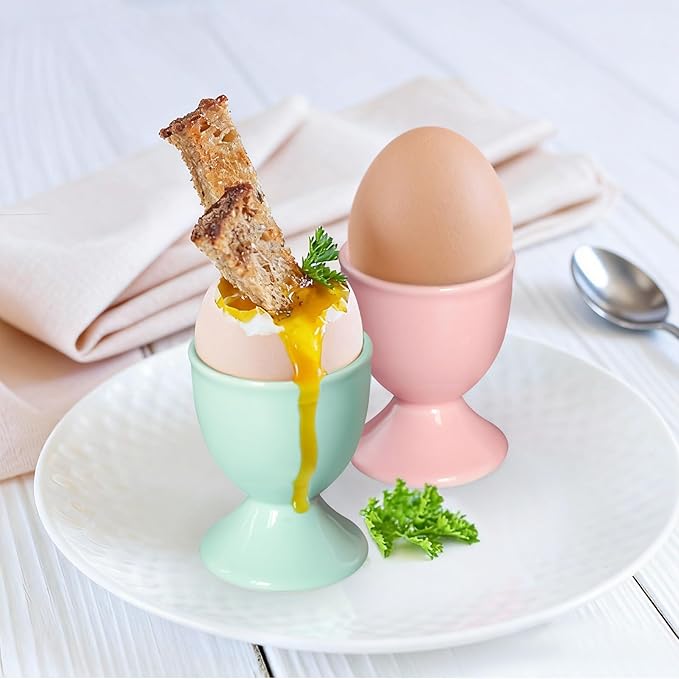 Cinf Ceramic Egg Cup Set of 2 Porcelain Holder Breakfast Boiled Cooking Easy to Clean Childhood Memories Kitchen(Macaron)