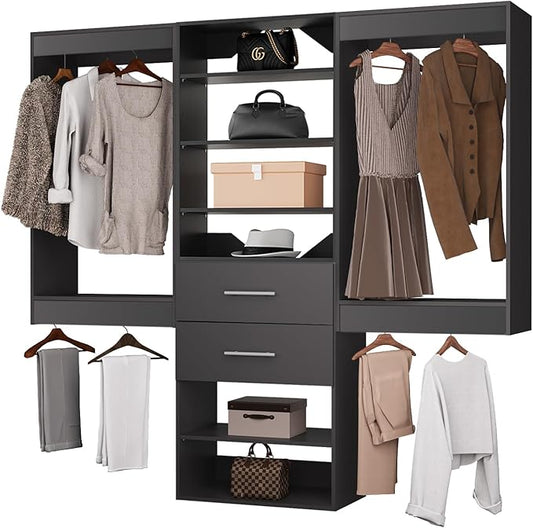 ROOMTEC Modular Closet System, 60" Wall Mounted Closet Organizer with Hanging Rods and Drawers, Wooden Tower for Walk-In Closets, Wardrobe Storage Kit, Black