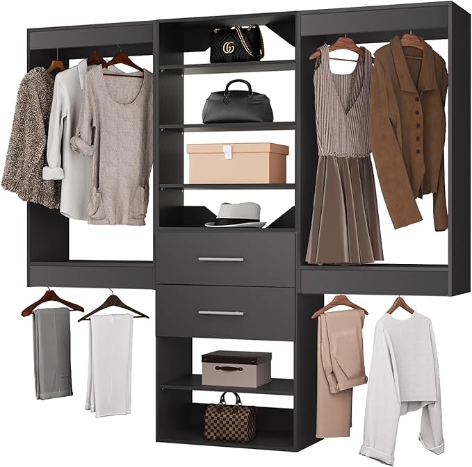 ROOMTEC Modular Closet System, 102" Wall Mounted Closet Organizer with Hanging Rods and Drawers, Wooden Tower for Walk-In Closets, Wardrobe Storage Kit, Black