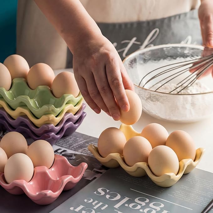 Chengu 8 Pack 6 Cups Egg Tray Holders Bulk Ceramic Porcelain Egg Container Serveware Countertop Fridge Kitchen Storage Display Decorative