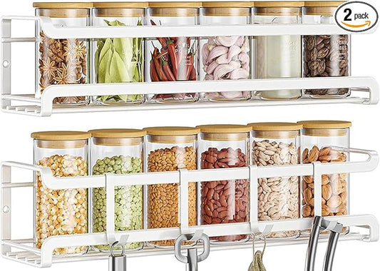Bunoxea Spice Rack wall mounted 2 Pack, Space-Saving Spice Organizer for Spice Jars and Seasonings,Screw or Adhesive Hanging Spice Rack Organizer for Your Kitchen Cabinet,or Pantry Door,White