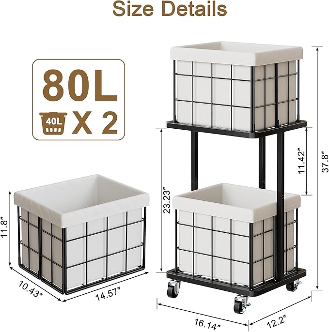 80L Vertical Rolling Laundry Hamper with Removable Bags, 2 Section Laundry Basket with Wheels, Slim Tall 2 Tier Laundry Sorter for Small Spaces, Dorm, Bathroom, Laundry Room, Closet, White