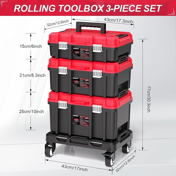 3-in-1 Rolling Tool Box with Wheels,Stackable Modular Tool Organizer System,17" Portable Waterproof Toolbox on Wheels for Garage,Mechanics and Home Repair (Red-Black)
