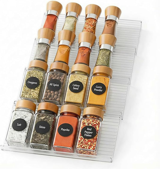 LETGO 4 Pack Adjustable Spice Rack for Drawer - 9" to 17.7" Expandable Spice Drawer Organizer 4 Tier Acrylic Seasoning Organizer Rack,Clear Spice Rack Tray for Spices,Condiment,Nail Polish and Jar (4)