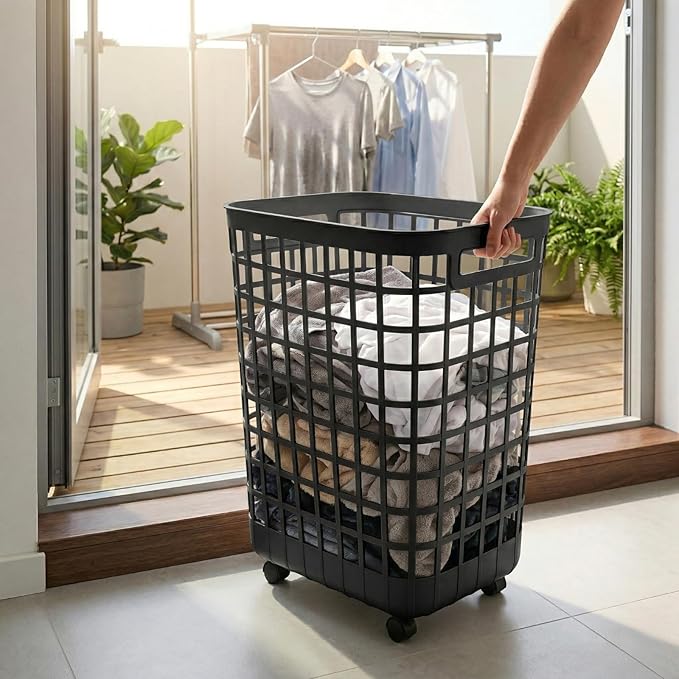 Rolling Laundry Hamper with Smooth-Glide Wheels, 2.6 Bushel Large Capacity Plastic Clothes Basket, Tall Ventilated Open-Top Bin for Easy Access, No Assembly Required Space Saving Storage, Black