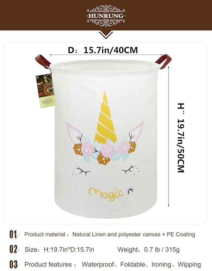 HUNRUNG Collapsible Fabric Storage Basket, Waterproof Laundry Hamper with Handles, Round Storage Bin for Clothes Toys, Foldable Organizer for Bedroom Nursery Bathroom(Round-magic-unicorn)
