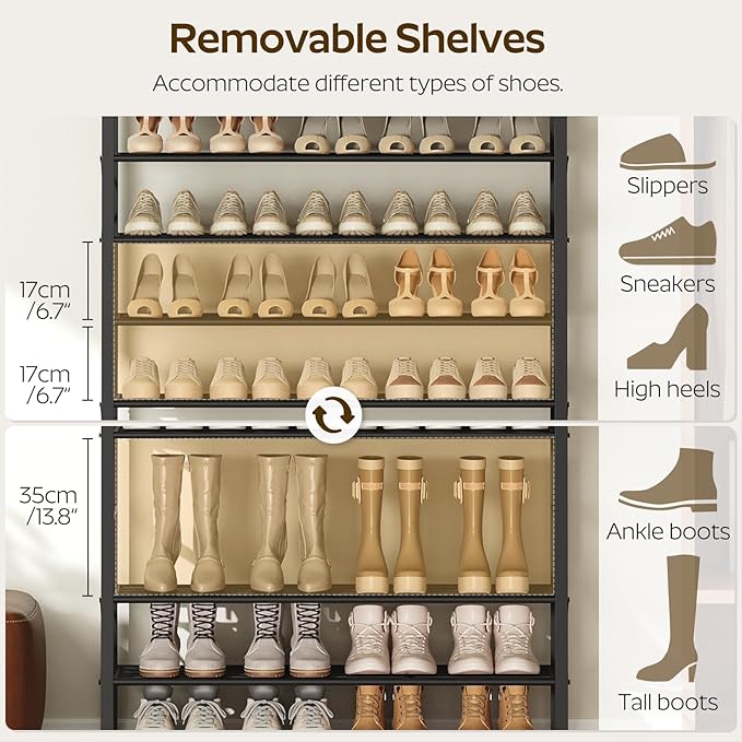YATINEY 12-Tier Shoe Rack, 39.4" L Shoe Shelf for 54-60 Pairs of Shoes, Tall Shoe Storage Organizer with Metal Frame, Large Capacity Shoes Rack for Entryway, Closet, Rustic Brown and Black SS40BR