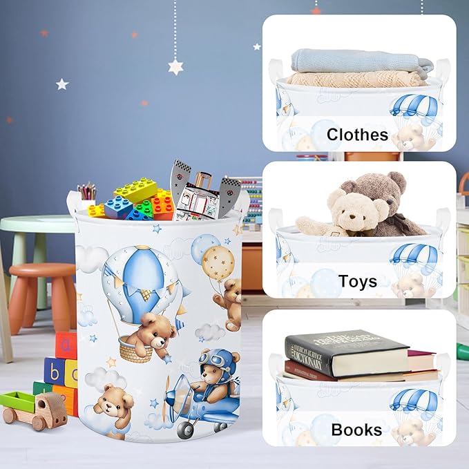 Clastyle 45L Large Blue Bear Pilot Kid Boy Girl Laundry Hamper with Handle Collapsible Balloon Clothes Toy Storage Basket with Lid for Nursery