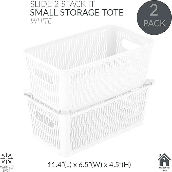 Simplify 4Pk Small Slide 2 Stack It Tote Basket | Storage & Organization | Open Bins with Stackable Capability | Bathroom | Crafts | Pantry | Playroom | Office | White