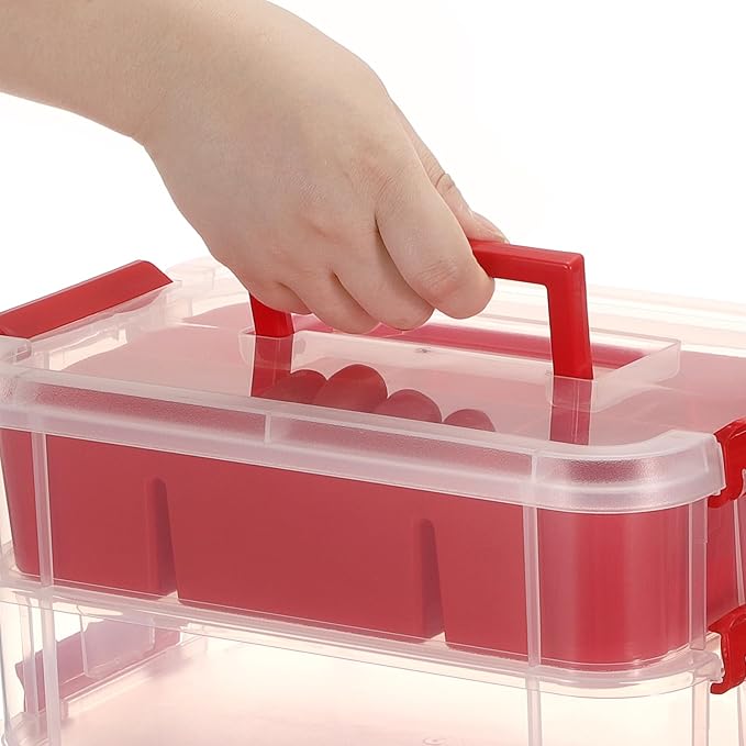 JUXYES 2Pack 3-Tiers Stack Carry Storage Box With Divided Tray, Transparent Stackable Storage Bin With Handle Lid Latching Storage Container for School & Office Supplies, Red