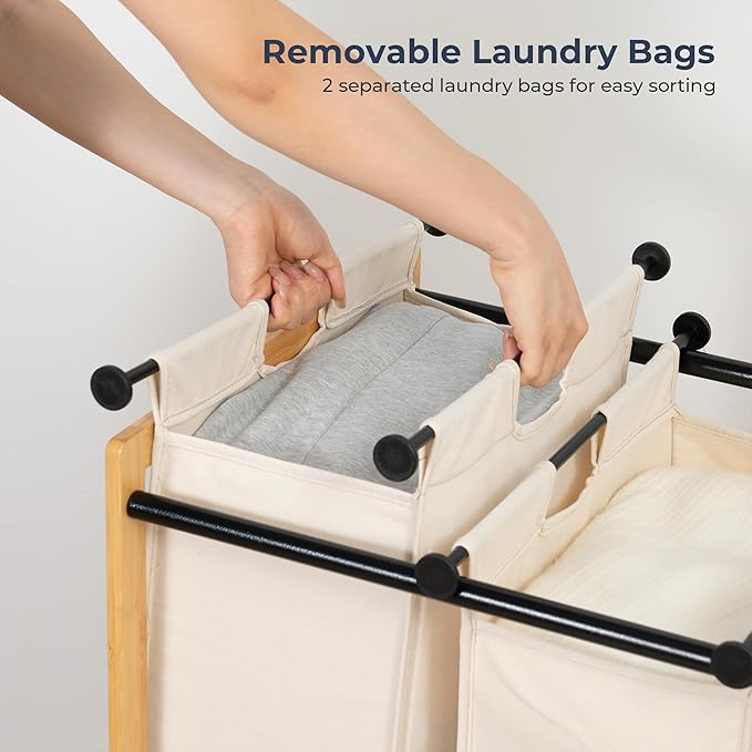 STO STO 2-Section Laundry Sorter with Bamboo Frame, Rolling Laundry Hamper Basket with Removable Bags and Lockable Wheels, Laundry Cart for Clothes Storage in Bedroom & Laundry Room, Beige
