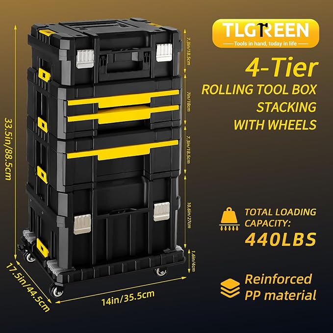 TLGREEN 4 Tier Stackable Rolling Tool Box– Modular Tool Organizer System with Wheels, Portable Tool Box with Drawers for Garage Storage, Home Repairs & Professional Workshop