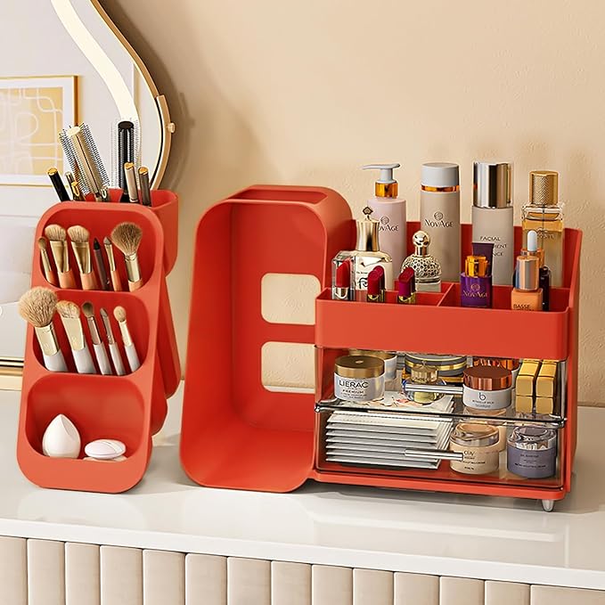 Booklov Makeup Organizer for Vanity, Large Capacity Cosmetic Display Case with Clear Acrylic Drawers, Countertop Beauty Storage Holder for Skincare, Brush Eyeshadow Lipstick, Counter Desk, Crystal Red