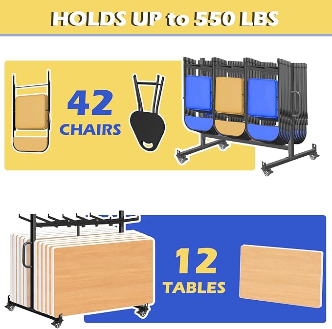 Folding Chair Racks for Storage, Heavy-Duty Folding Chair Cart with 550 LBS Capacity for 12 Tables or 42 Chairs, Multi-Function Chair Storage with Swivel Wheels, Dust Cover, 2 Binding Ropes