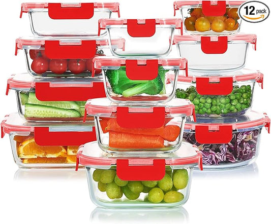 KOMUEE 24 Pieces Glass Food Storage Containers Set, Meal Prep Containers-Stackable Airtight Glass Storage Containers with lids,Freezer, Microwave, Oven Safe,Red