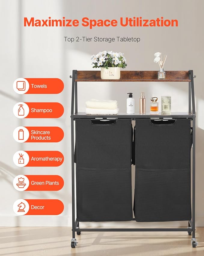 VEVOR 2 Tiers Laundry Sorter, Tall Laundry Hamper with Metal Frame and Wooden Tabletop, 2 Section Rolling Basket Organizer Storage with Ladder Shelves and 600D Oxford Cloth Bags for Dirty Clothes