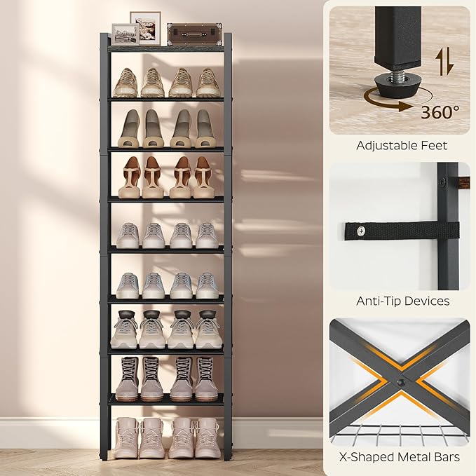 YATINEY 8-Tier Narrow Shoe Rack, Tall Shoe Rack for 8-16 Pairs, Slim Shoe Storage Organizer with Wooden Top, Space Saving, Metal Frame, for Entryway, Charcoal and Black SS608BC