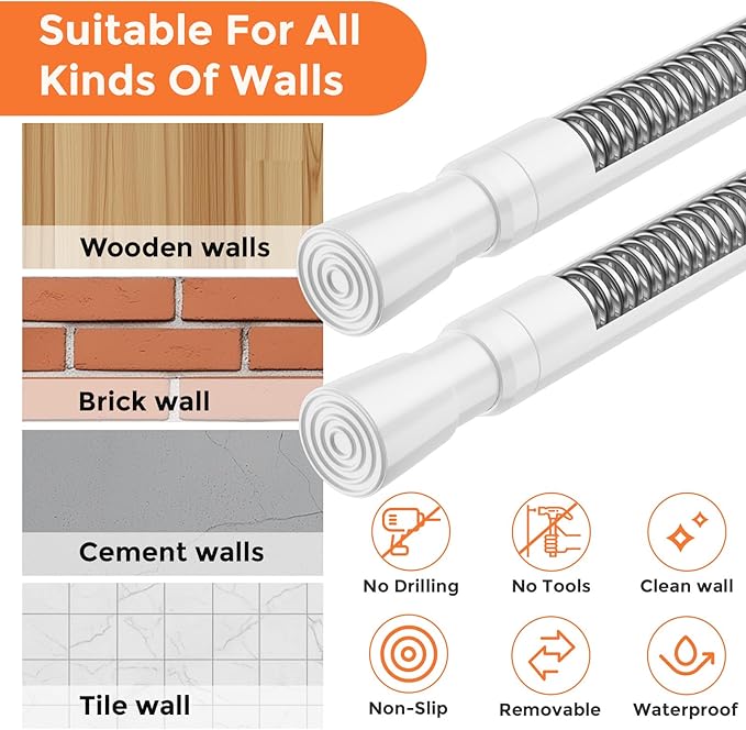 FVONZON Tension Curtain Rod White Spring Tension Curtain Rods 26-39 inch 6Pack Adjustable Spring Rods Extendable Tension Rod For Closet, Window, Kitchen,Bookshelf,Bathroom