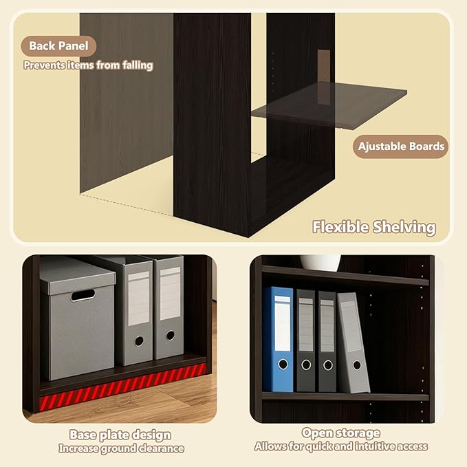 CTESNE【2026 Adjustable Shelves 5-Tier Bookcase, 71 inches, Wooden Open Display Floor Bookshelf (Chocolate Color)
