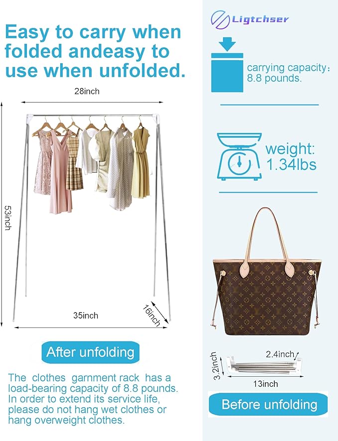 Ligtchser Portable Travel Garment Rack,Folding Clothes Rack for Dance,Travel,Camping, Drying,RV, Indoor,Outdoor. A Collapsible Mini Clothing Rack