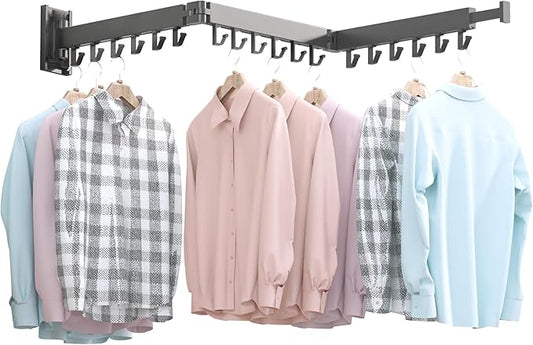 BOQORAD Drying Rack Clothing,Clothes Drying Rack Wall Mounted,Collapsible Hanging Racks for Laundry,Laundry Drying Rack,Wall Mounted Clothes Rack(31.5"-White) (Black-Hooks, Tri-Fold)