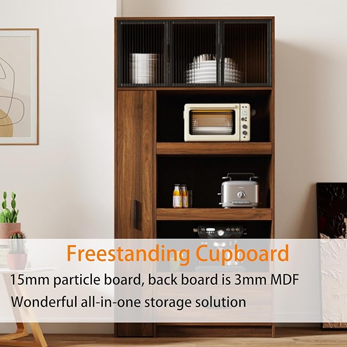 Farmhouse Kitchen Pantry Cabinet, 70.87" Tall Freestanding Cupboard with Multi-Tier Storage Rack and Microwave Stand for Kitchen, Dining Room, Dark Walnut