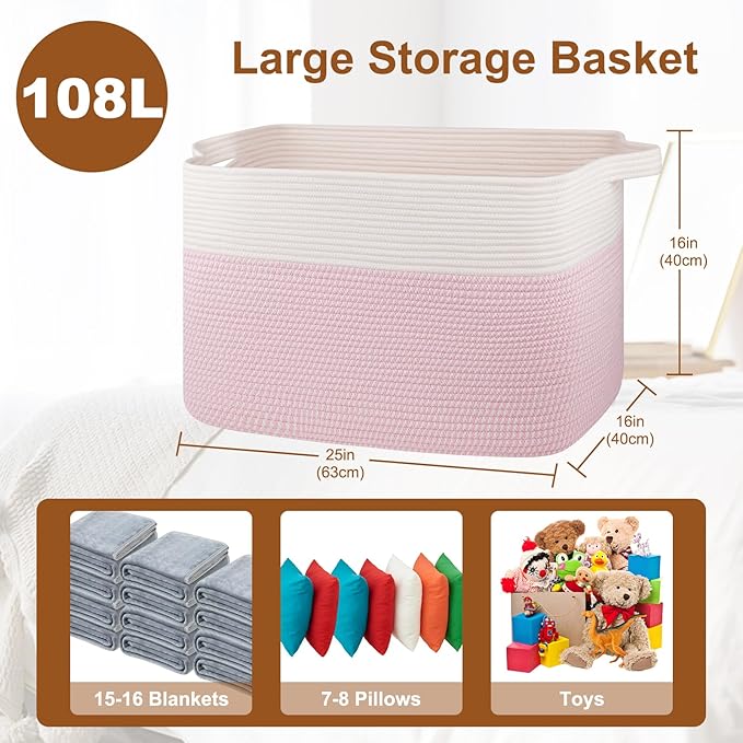 OIASKET XXXL Large Blanket Basket, 108L Cotton Rope Storage Basket for Living Room, Supre Large Toy Baskets for Kids, Woven Basket for Clothes, Towels, Pillows, 25" x 16" x 16", Pink and White