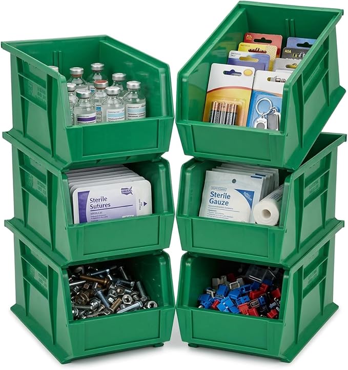 Quantum Storage QUS240 Heavy-Duty Stackable Plastic Storage Bins for Workshop, Warehouse & Garage, Ultra Stack & Hang, 14-3/4" x 8-1/4" x 7", Green, 12-Pack