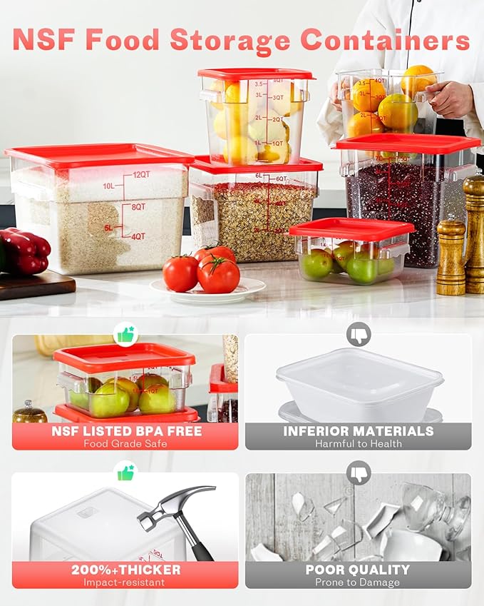 8QT NSF Food Storage Containers: 8 PCS [Food Grade][Hot&Cold Resistant] Commercial Clear Square Food Storage Containers with Scales Handles for Home Restaurant Kitchen Proof Dough (Red)