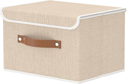 OUTBROS Storage Boxes, Collapsible Storage Bins with Lids, Cotton and linen cloth Storage Baskets with Handle, for Books, Closet, Bedroom, Home, 10.2x7.9x6.7 in, Beige