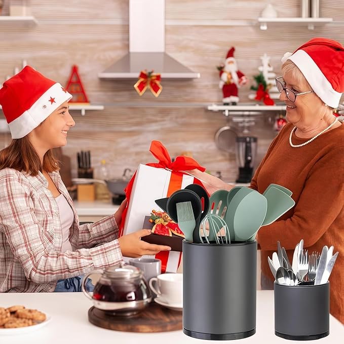 LIBODOUR Kitchen Utensil Holder Extra Large Rotating For Counter Organizer Stainless Steel Storage Cooking Silverware Caddy 3 Compartment Flatware Spoon Spatula Tool Cutlery Container（2 Set Grey）