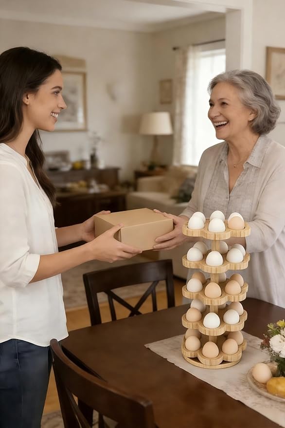Wooden Egg Holder Countertop 360° Rotating, Egg Rack for 30 Eggs, Spiral Egg Storage Organizer for Kitchen Counter, Farmhouse Fresh Chicken Egg Dispenser for Home, Family (Wood)