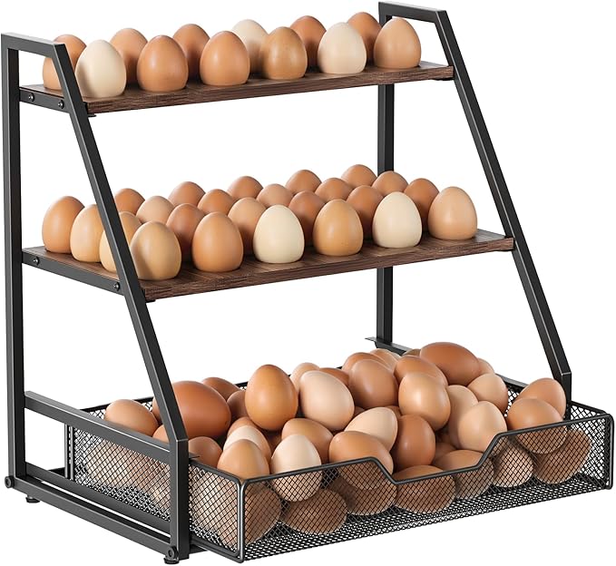 3-Tier Wooden Fresh Egg Holder Countertop With Basket for 36+90 Eggs, Storage for Countertop with Carry Handle for Gathering 150+ Fresh Eggs