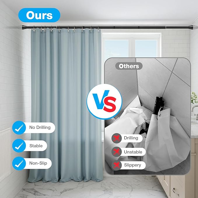 MEXAU 2pcs Shower Curtain Rod 44-77 inch Black Tension Rod Shower rod Non Slip Tension Curtain Rod Adjustable Curtain Rods No Drilling Shower Rods for Bathroom Windows Closet