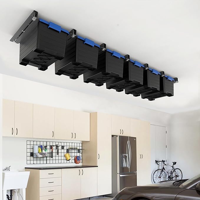 EVERHANGER Ceiling Storage Rack, Heavy Duty Overhead Storage Rack for Garage, Adjustable Ceiling Bin Storage System, 7 Sets for 6 Bins, 16 Inch