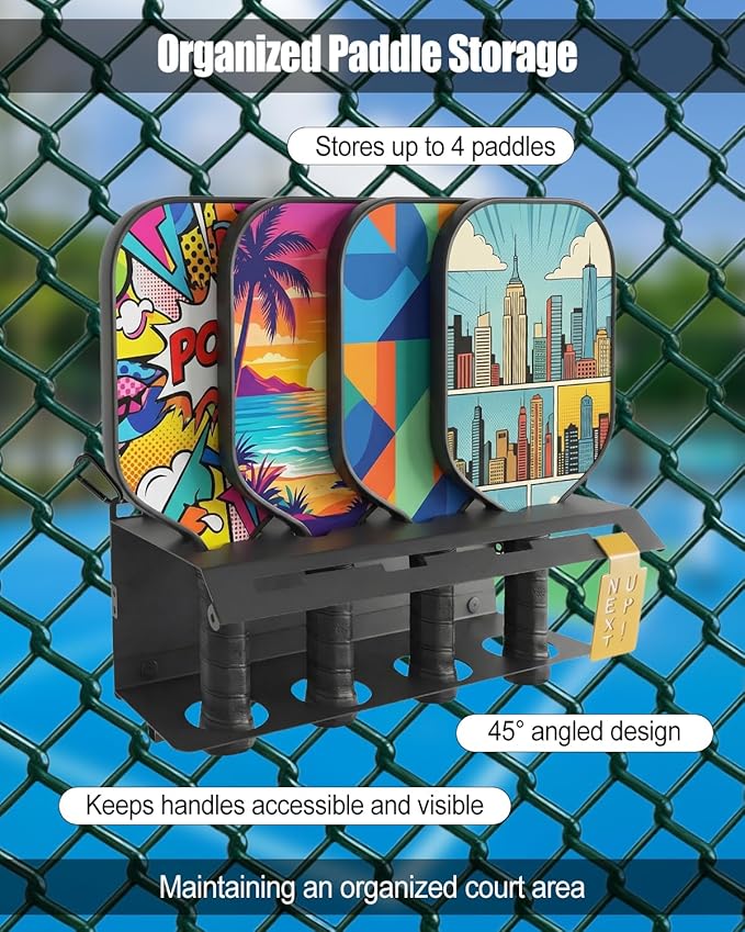 Pickleball Paddle Rack Fence Wall Mount Organizer with Sliding Next Up Player Tracker Modular Steel Holder Expandable Court Storage System for Paddle Queue Rotation Black