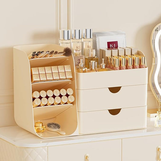 Makeup Organizer with Drawers, Large Capacity Countertop Organizer for Vanity, Bathroom and Bedroom Desk Cosmetics Organizer, Easy To Storage Skincare,Brushes, Eyeshadow,Lipstick (All Cream)