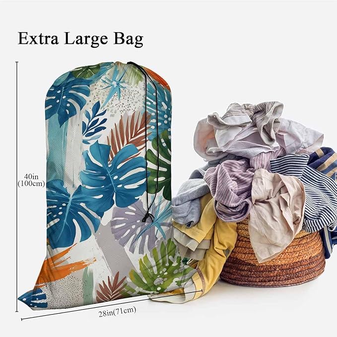 Swono Tropical Leaf Large Laundry Collapsible Laundry Bag Summer Exotic Brush Strokes Foldable Laundry Hamper Bag, Machine Washable, Oxford Cloth, Colorful