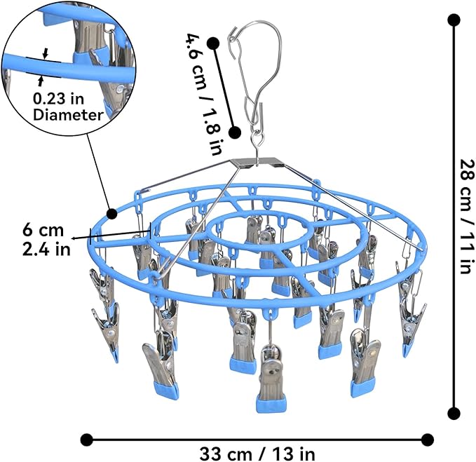 Funamily Clothes Drying Rack,Stainless Steel Laundry Drip Hanger with 24 Clips, Heavy Duty Round Swivel Windproof Hook Underwear Hanger for Drying Towel, Bras, Sock,Lingerie, Baby Clothes (Blue)
