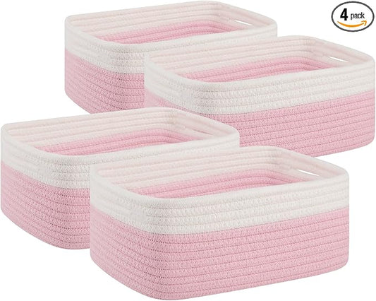OIAHOMY 4 Pack Storage Baskets for Organizing, Small Bins for Shelves, Cute Decorative Storage Bins, Organizer Baskets for Gifts Empty, 11.8''Lx7.8''Wx4.7''H, Pink/White